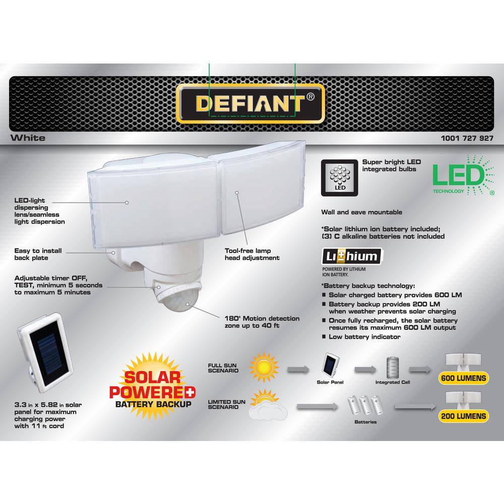 Defiant 600 Lumen 180-Degree White Solar Powered Motion LED Outdoor Flood Light with Battery Backup DFI-7148-WH