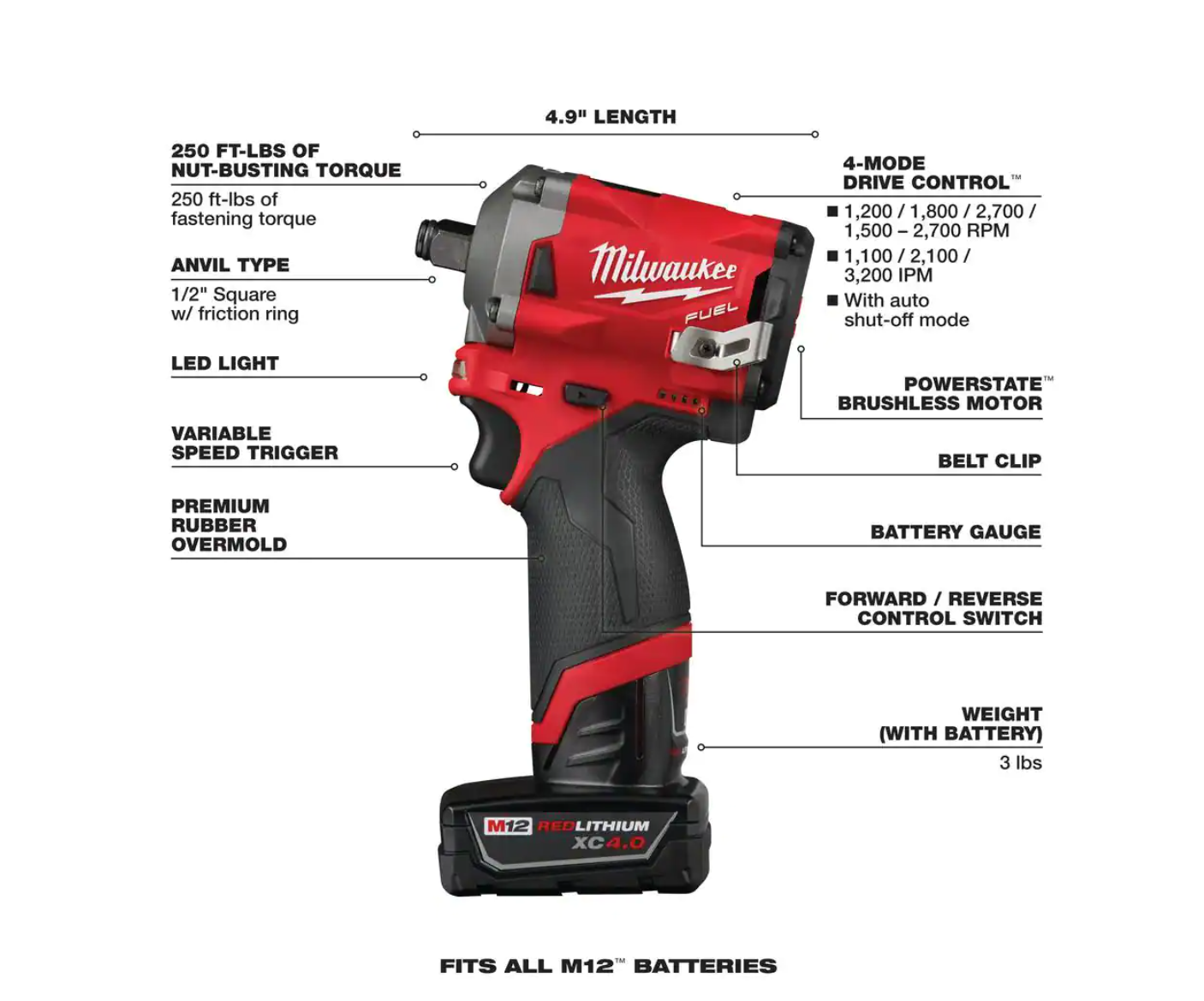 Milwaukee 2555-22-0852-20 M12 FUEL 12V Lithium-Ion Brushless Cordless Stubby 1/2 in. Impact Wrench Kit with Compact Spot Blower