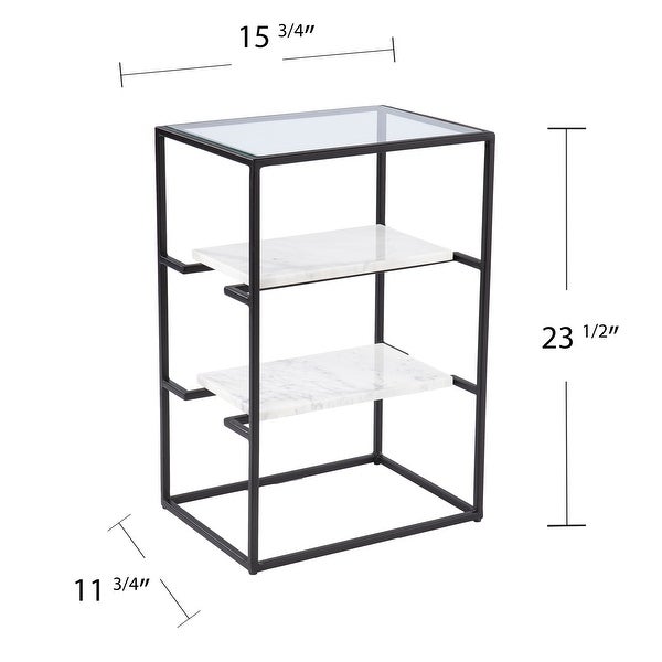 SEI Furniture Piesby Glass-Top End Table with Marble Shelving， Black/White