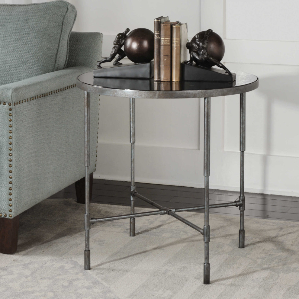 Industrial Minimalist Rustic Metal Accent Table Round Pipe Fitting Retro Glass   Contemporary   Side Tables And End Tables   by My Swanky Home  Houzz