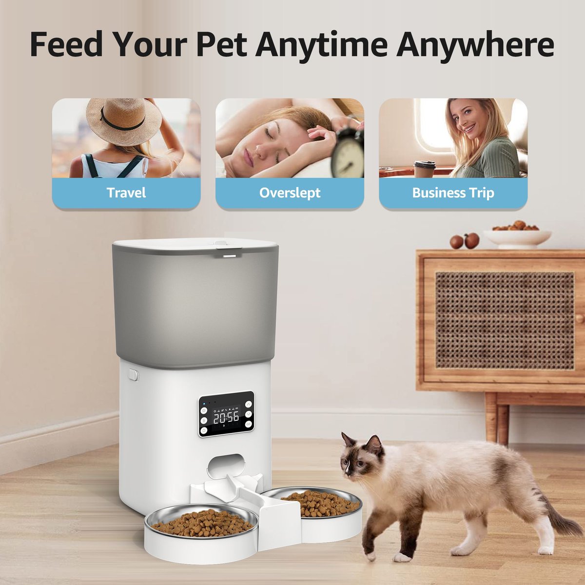 Bueteka Automatic Food Dispenser with Splitter and Stainless Bowls Cat and Dog Feeder， 6-lit