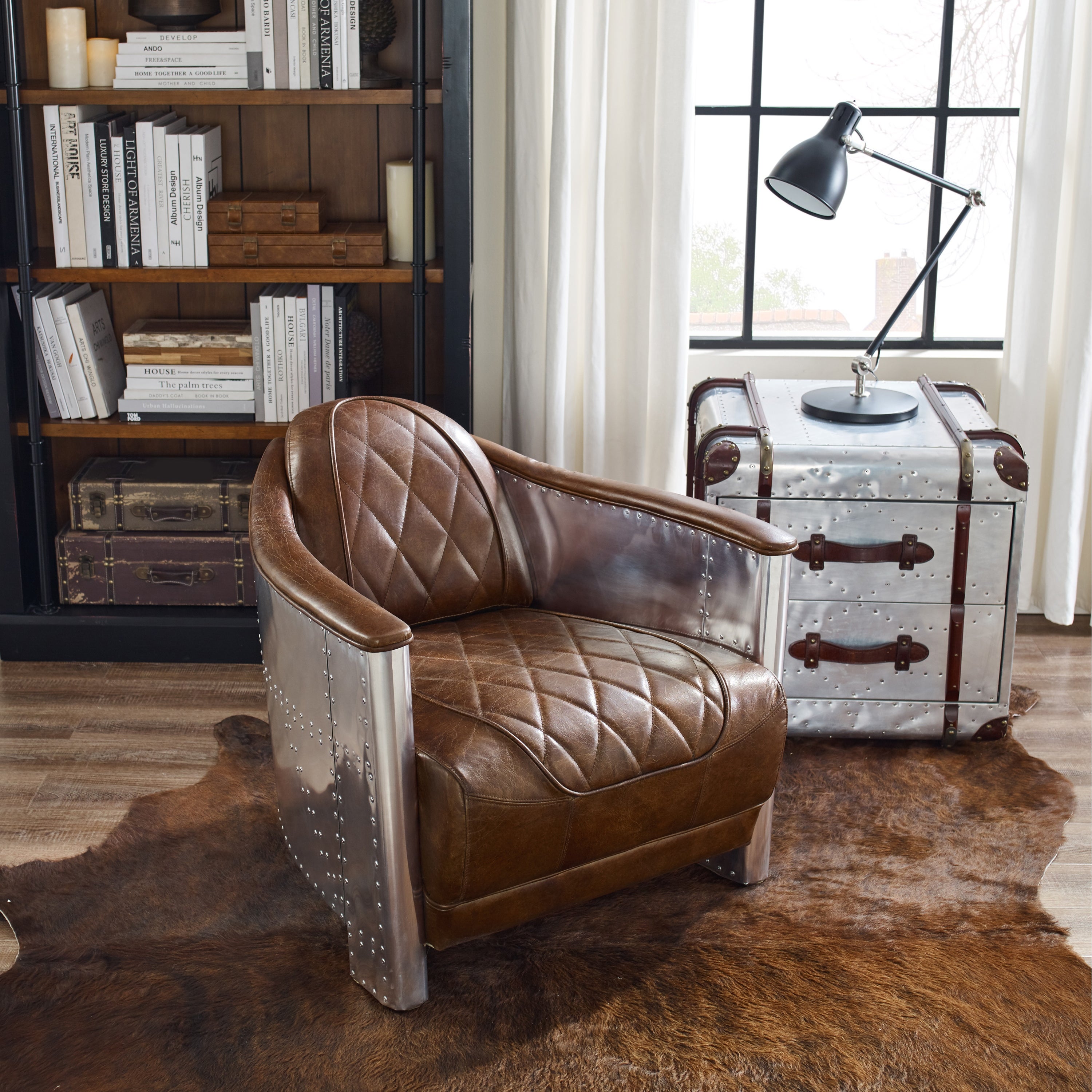 IndustrIal Retro Top Grain Leather and Aluminum Accent Chair