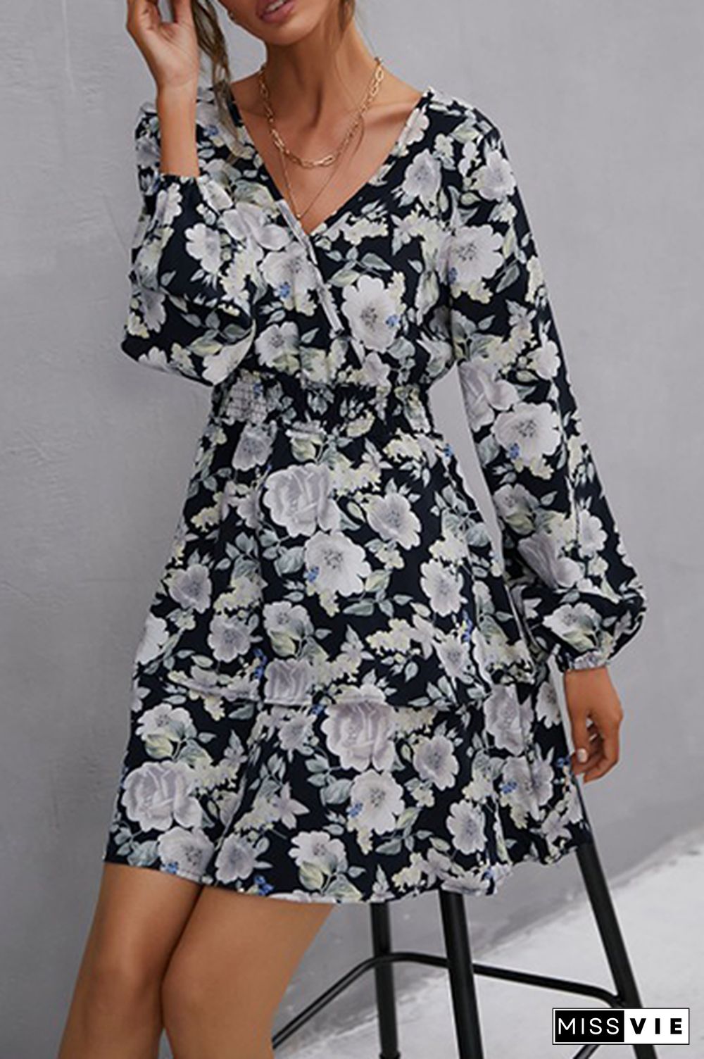 Elegant Floral Split Joint V Neck Waist Skirt Dresses