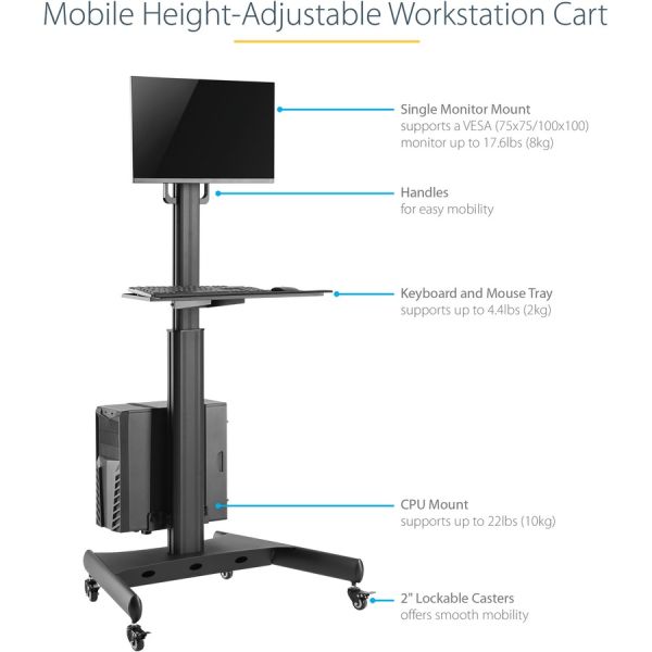 StarTech.com Mobile Standing Workstation with Monitor Mount， CPU/PC Holder， Height Adjustable Desktop Computer Cart， Standing Workstation