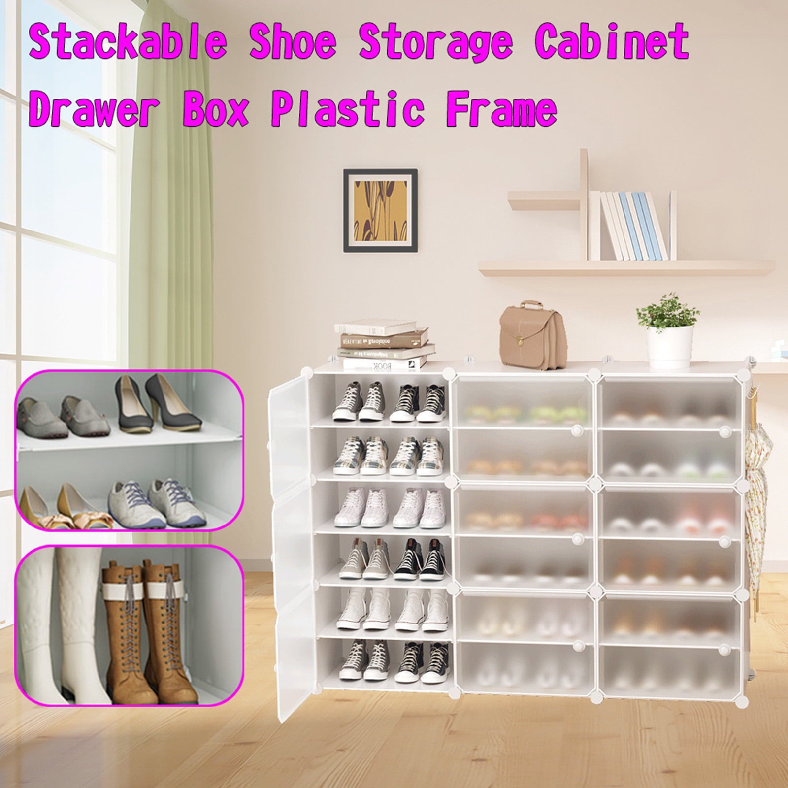 48 PCS Shoes Box Stackable Shoe Storage Cabinet Drawer Box Plastic Frame Container