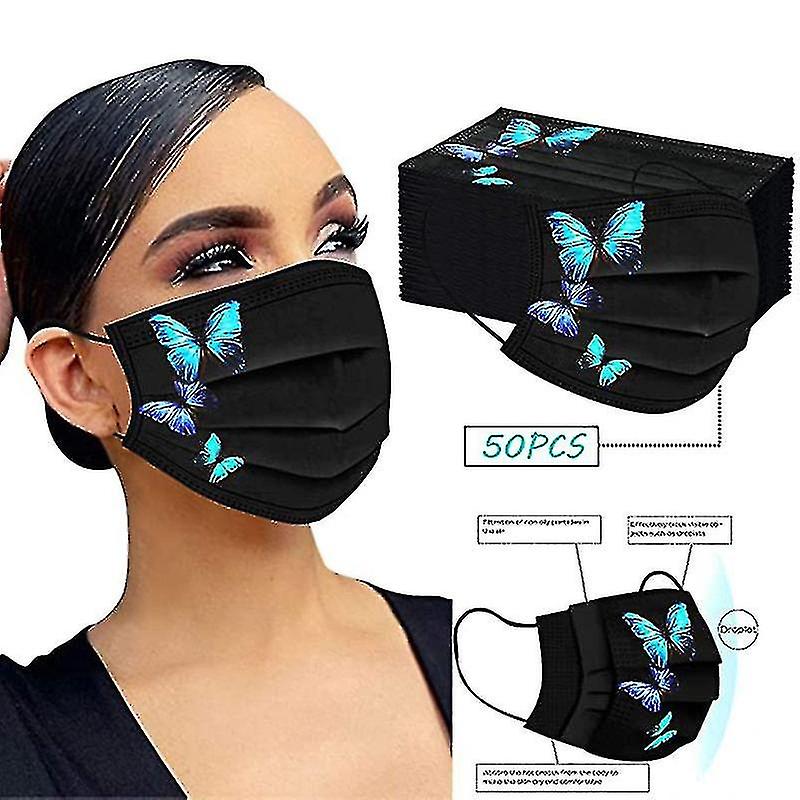 50pcs Butterfly Printed Black Disposable Face Masks For Adult 3-ply Face Protection Covering With