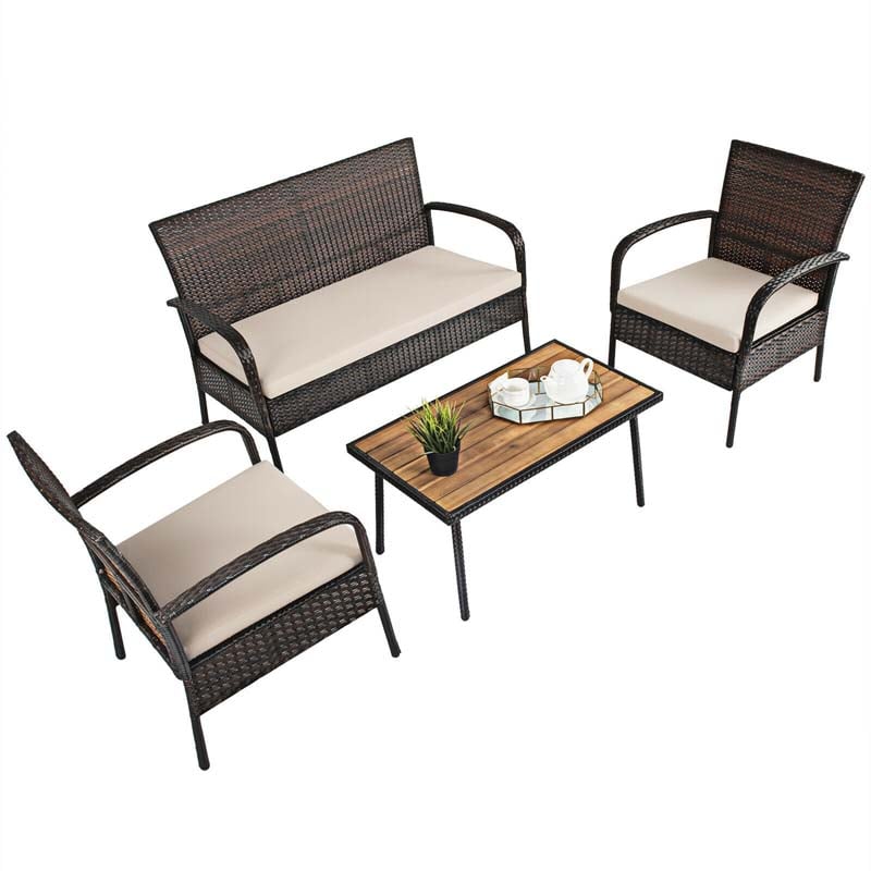 4 Pcs Rattan Patio Conversation Furniture Set Wicker Outdoor Sofa Set with Cushions & Acacia Wood Tabletop