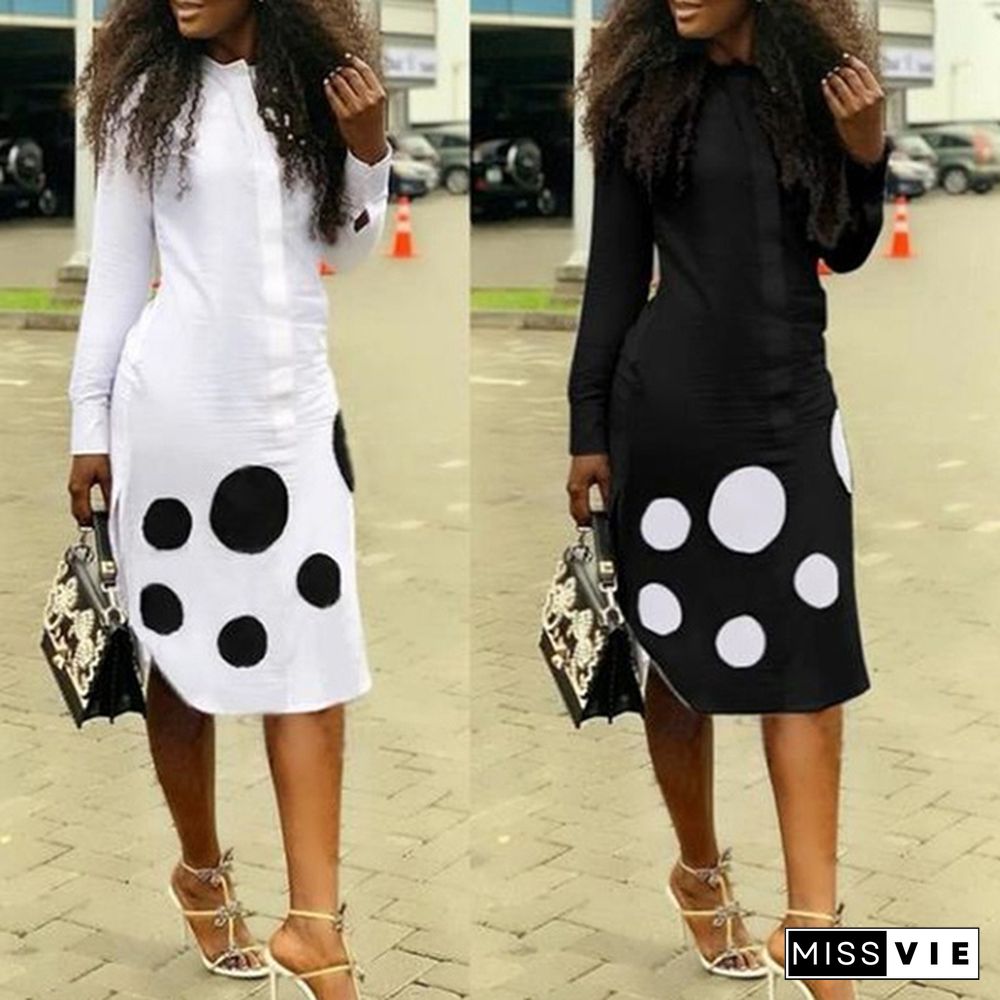 Women Polka Dot Printed Shirt Dress Summer Spring Casual Office Work Dress Elegant Lady Long Sleeve Mini Dresses