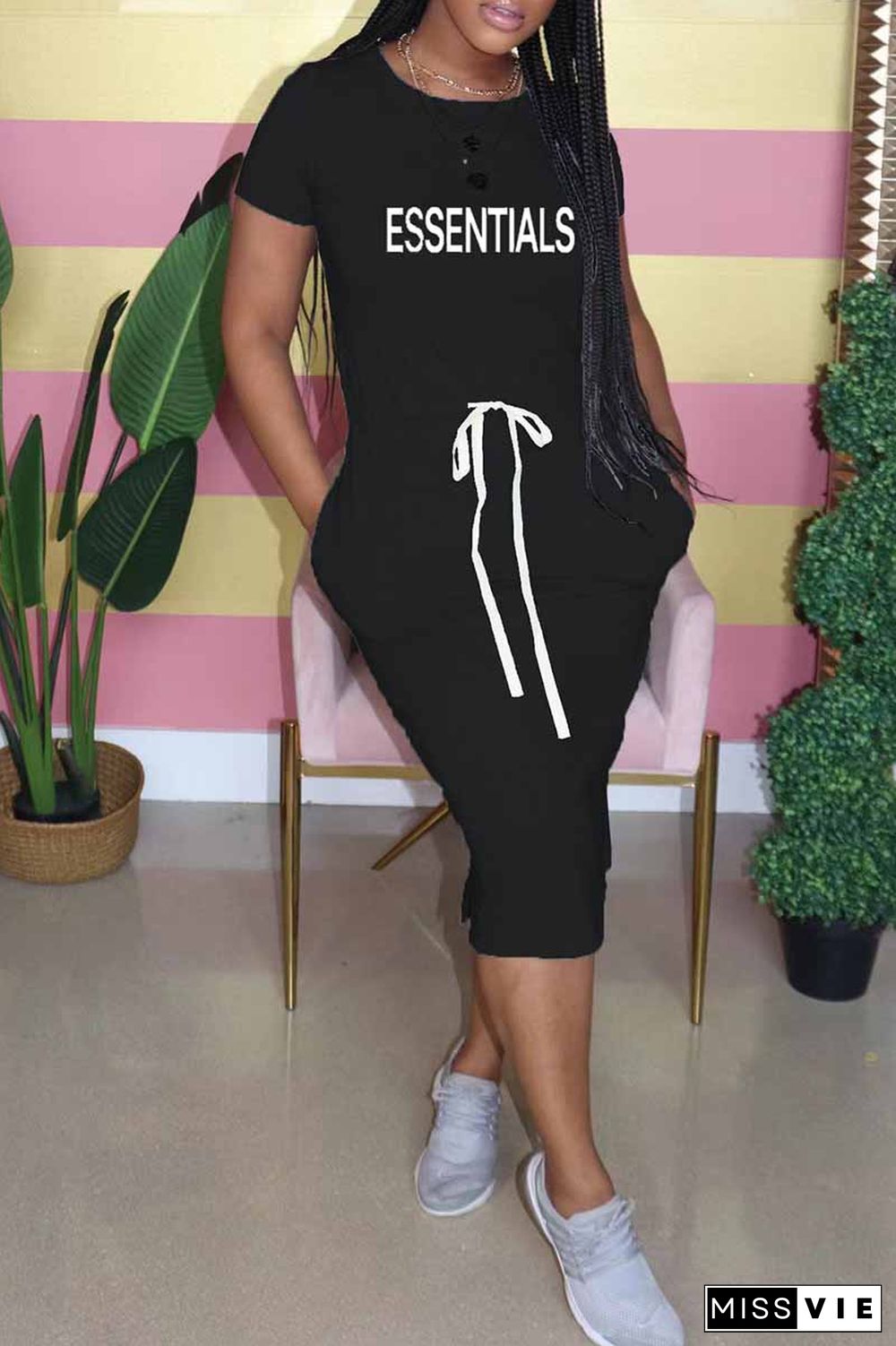 Black Casual Print Letter O Neck One Step Skirt Dresses