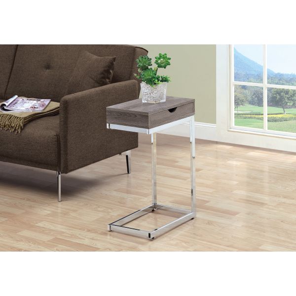 Accent Table， C-shaped， End， Side， Snack， Storage Drawer， Living Room， Bedroom， Brown Laminate， Chrome Metal， Contemporary， Modern