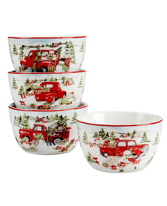 Certified International Red Truck Snowman 4 Piece Ice Cream Bowl Set