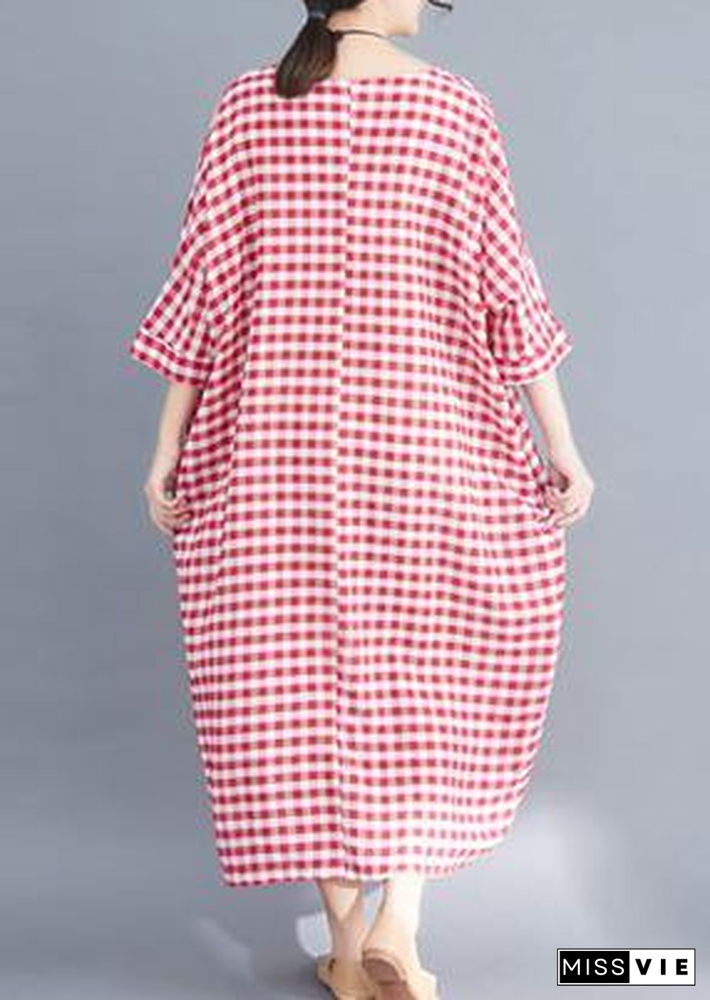 French red white plaid cotton linen plus size Photography Maxi summer Dresses