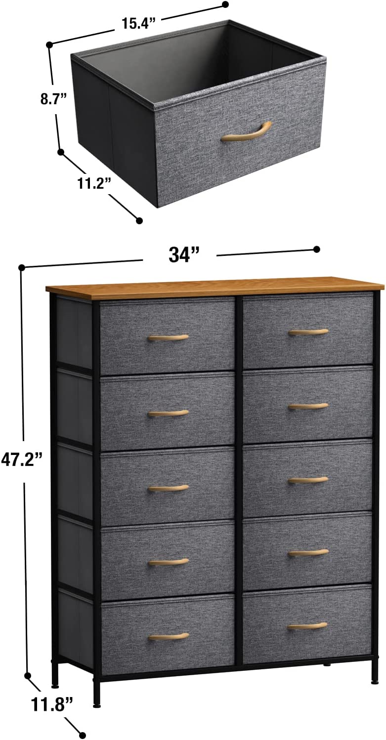 Sorbus Dresser with 10 Drawers - Storage Unit Organizer Chest for Clothes - Bedroom, Hallway, Living Room, Closet, & Dorm Furniture - Steel Frame, Wood Top, and Easy Pull Polyester Fabric Bins