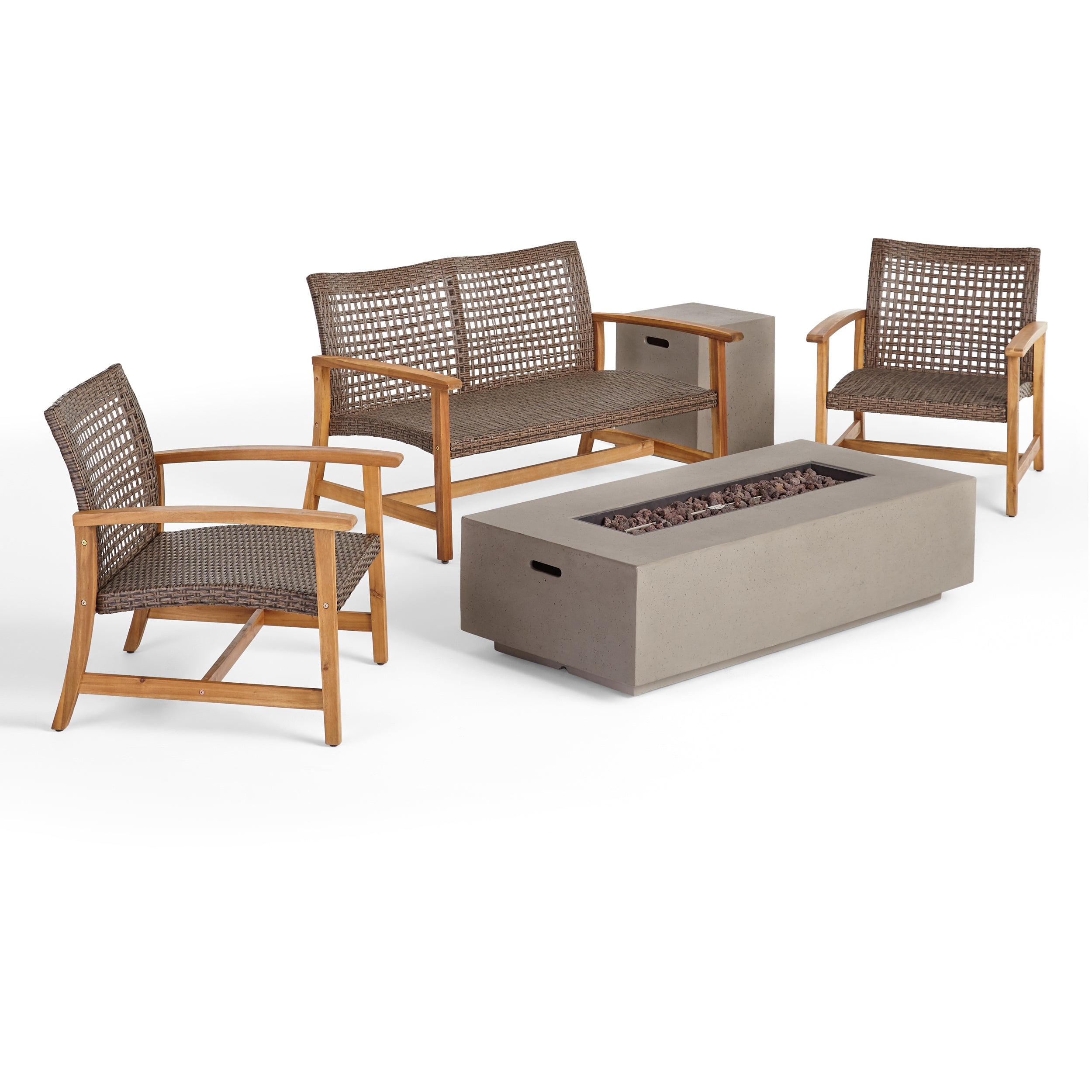 Tabby Outdoor 5 Piece Wood and Wicker Chat Set with Fire Pit