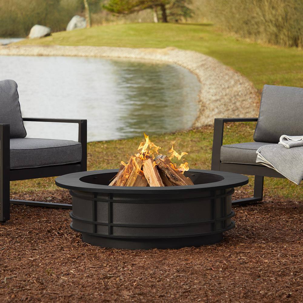 Real Flame Leonard 41 in. W x 13 in. H Round Outdoor Powder Coated Steel Wood Burning Fire Pit in Gray with Protective Cover 980-GRY