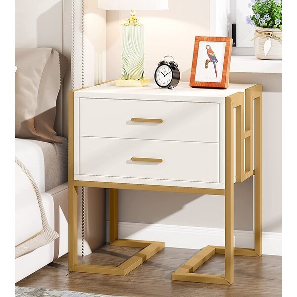 White and Gold Nightstand with 2 Drawers，End Table for Bedroom - - 36917906