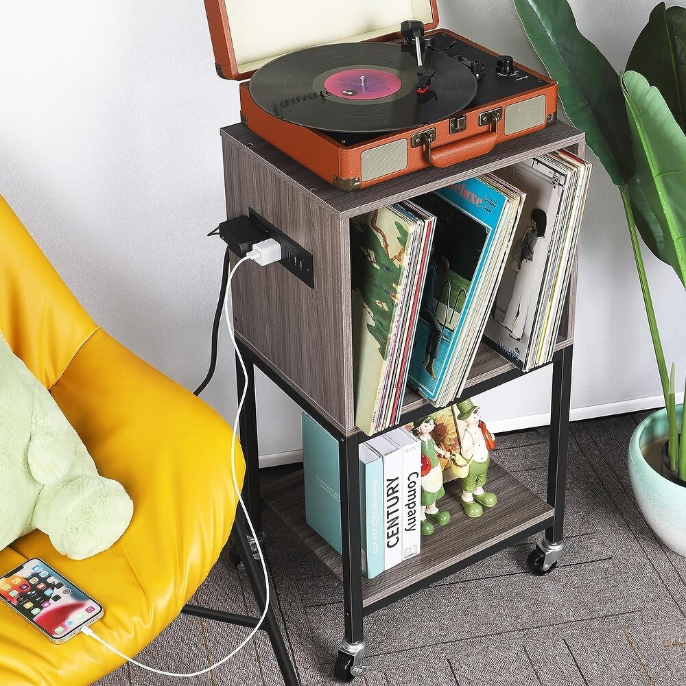 3 Tier Vinyl Record Storage Cabinet with Charging Station