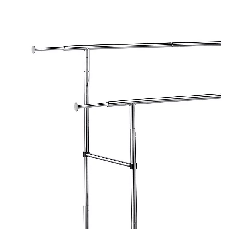 Dual Bar Tubular Metal Frame Garment Rack with Casters， Chrome