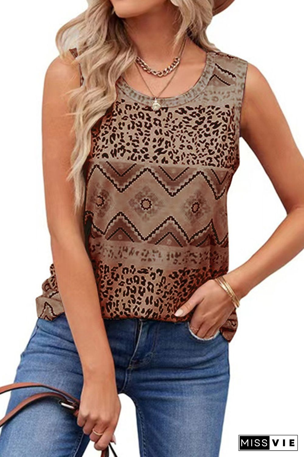 Leopard Splicing Aztec Printed Tank Top