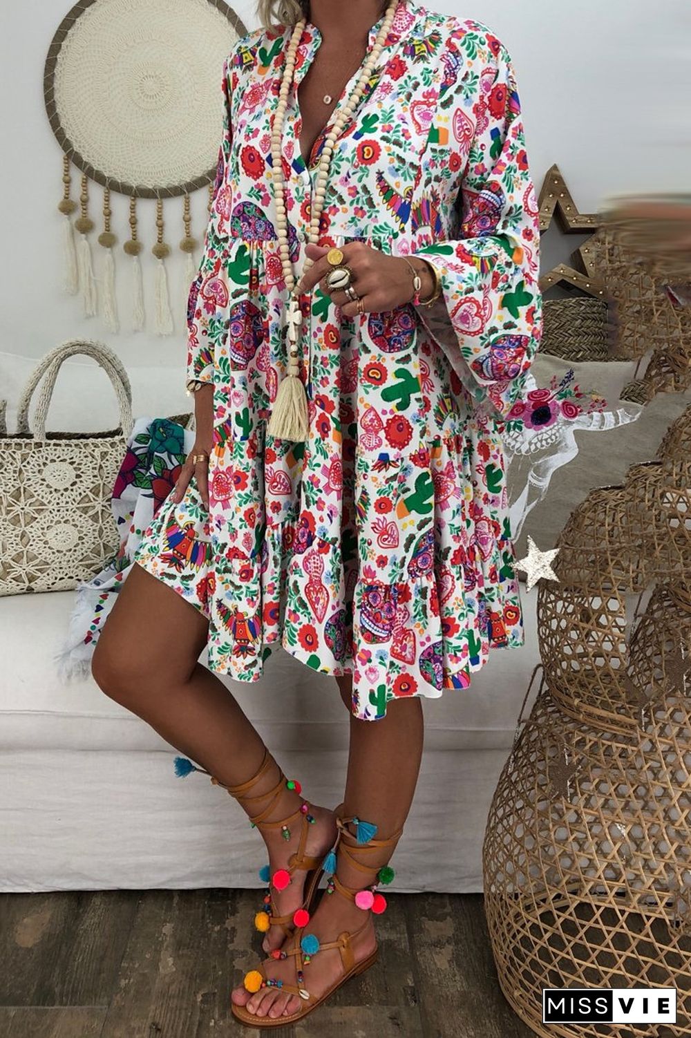 Bohemia Ruffle Hem Floral Printed Dress