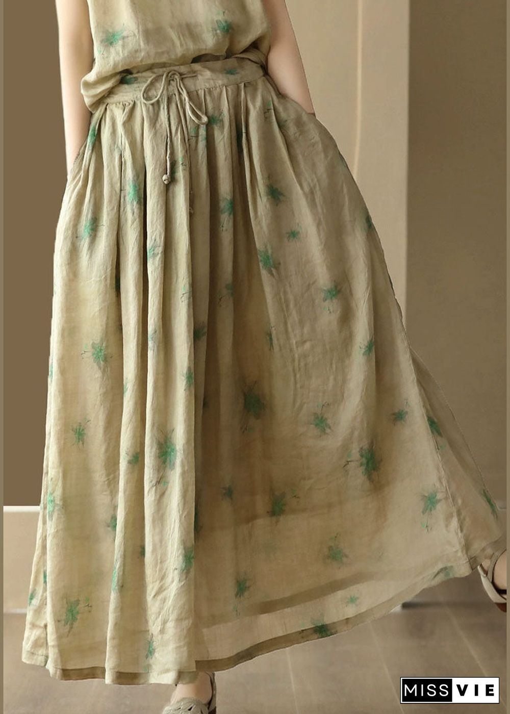 Green Print Patchwork Linen Skirt Wrinkled Tie Waist Summer