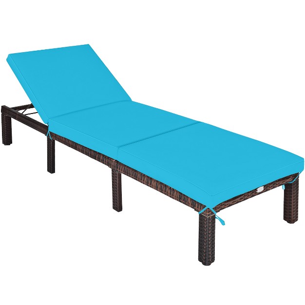 Tangkula Outdoor Rattan Chaise Lounge Chair Adjustable Backrest Recliner With Turquoise Cushions