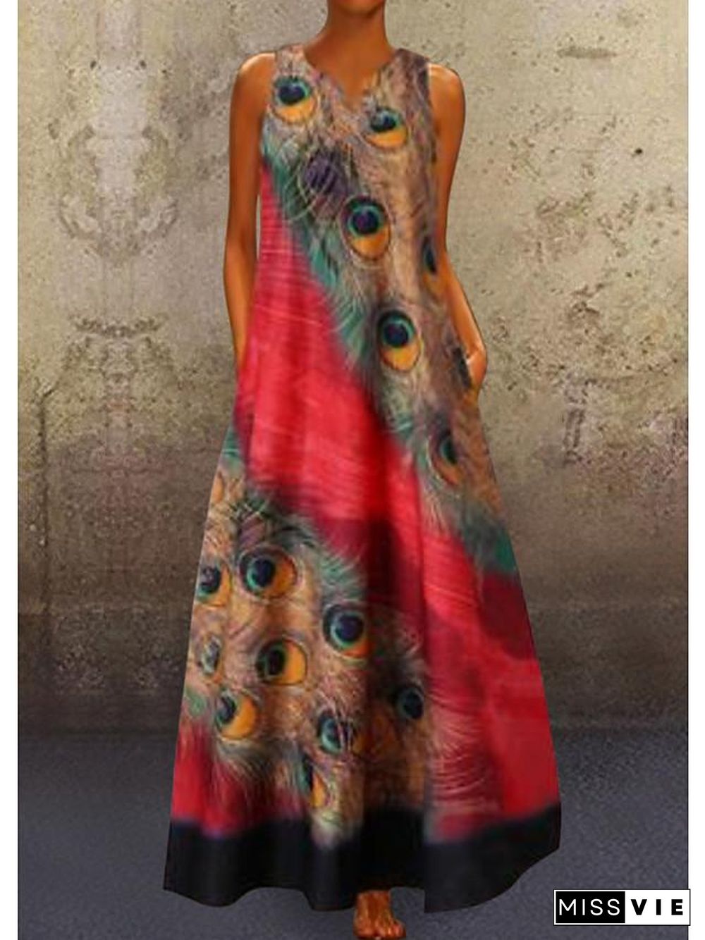 Women's A-Line Dress Maxi long Dress - Sleeveless Peacock Feathers Print Summer V Neck Plus Size Hot Casual Holiday vacation dresses  Red Navy Blue Light Blue S M L XL XXL 3XL 4XL 5XL