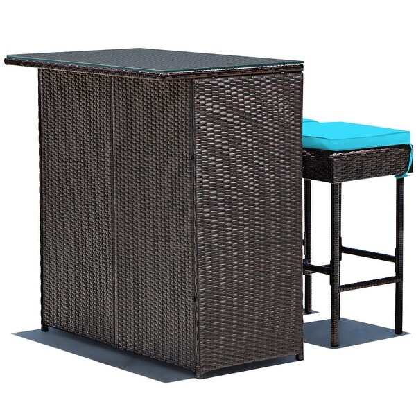 Costway 3PCS Patio Rattan Wicker Bar Table Stools Dining Set Cushioned