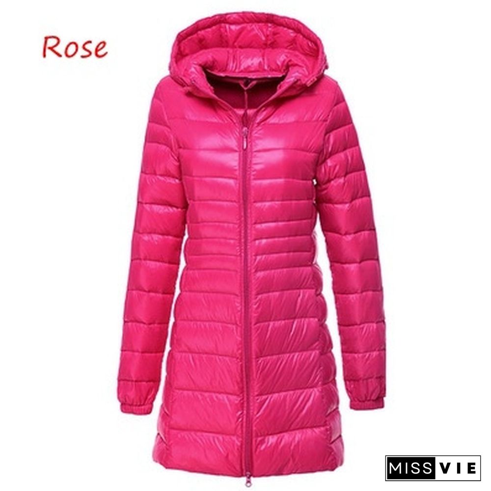 12 Colors Fashion Women Ultra Light Down Jacket Hooded Winter Duck Down Jackets Slim Long Sleeve Parka Overcoat Plus Size S-6XL