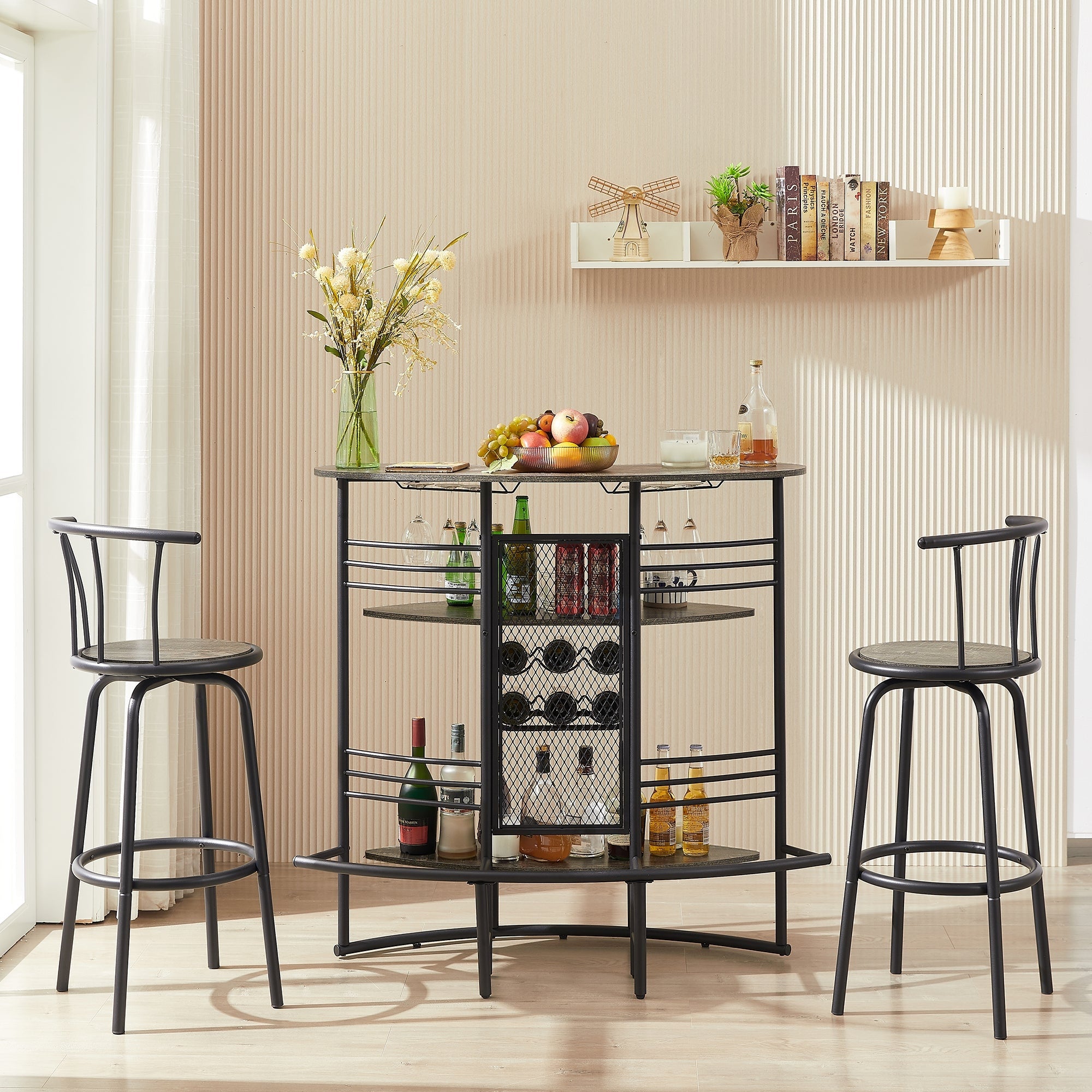 3-Piece Bar Unit with Metal Mesh Front and 2 Swivel Bar Stools with Back