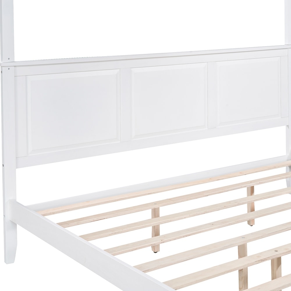 White Canopy Platform Bed   King Size  Pine Wood   MDF  Modern Design  No Box Spring Needed  Suitable for Curtains