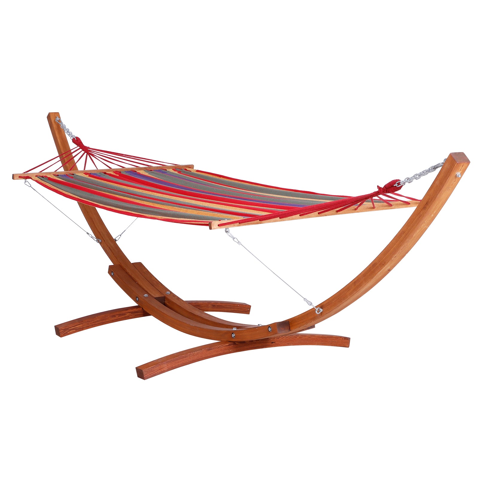 ikayaa Wide Outdoor Arch Wooden Hammock Bed with Stand featuring Modern Design Aesthetic & Water-Fighting Material - Multi-color Stripe