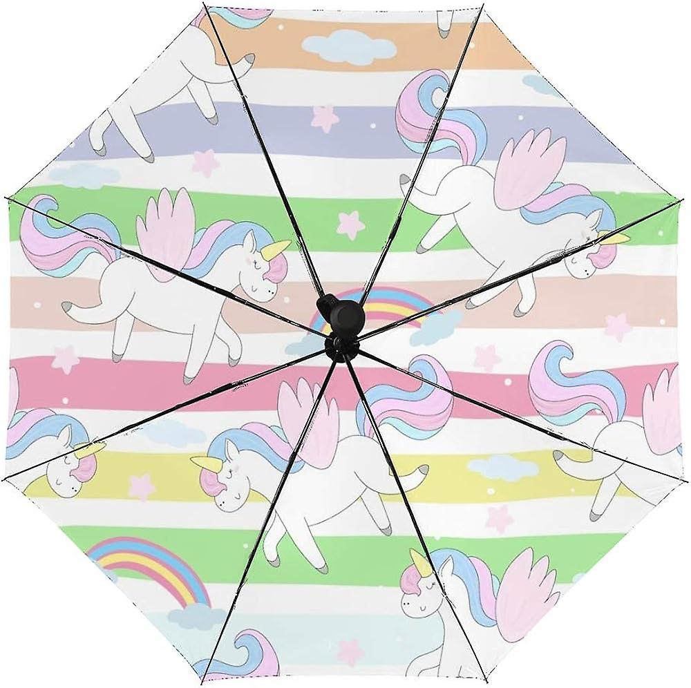 Colourlife Travel Umbrella Unicorns With Rainbow Waves Automatic Windproof Foldable Umbrella For Sun and Rain