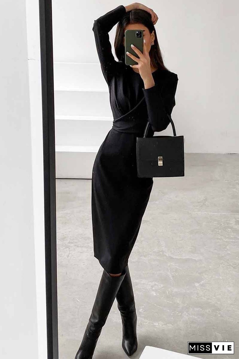 Fashion Long Sleeve Waist Midi Dress