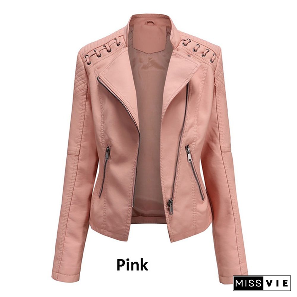 New Autumn Women Leather Slim Stand-up Collar Jacket Female Zipper Solid Long-sleeved Faux Leather Motorcycle Coat