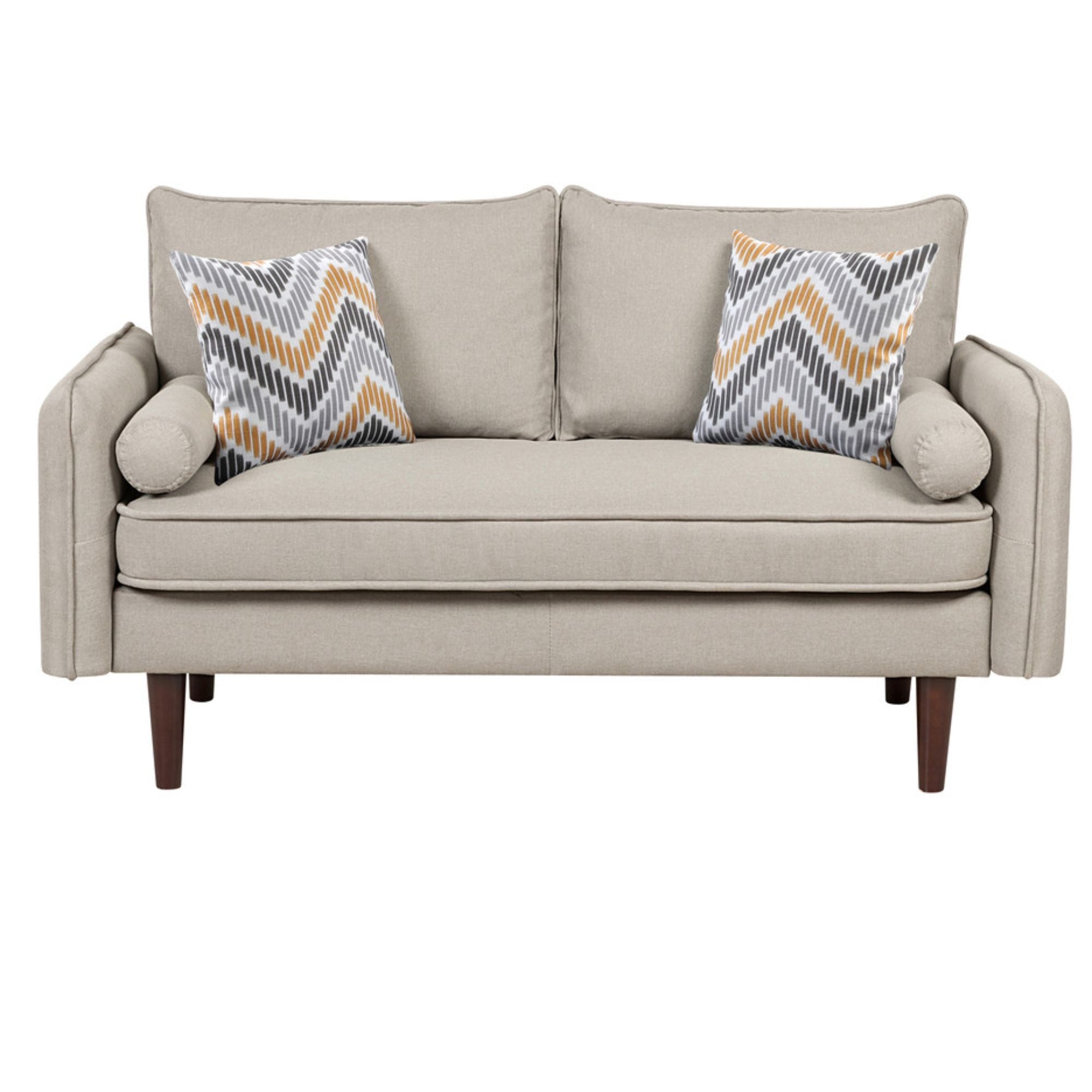 5.75' Cream Beige Mid-Century Modern Sofa and Loveseat Living Room Set with USB Charging Ports and Pillows