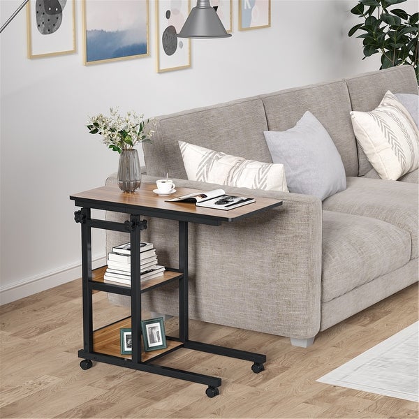 Height Adjustable C Table， Sofa Side Tables， Mobile End Table with Storage Shelves