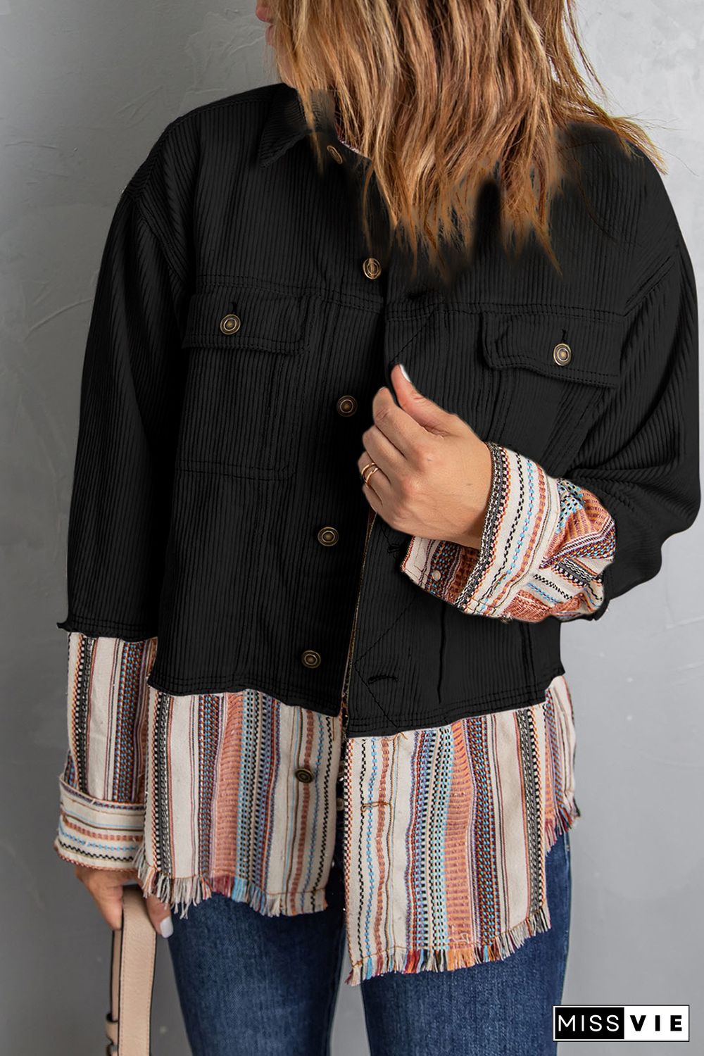 Black Button Up Pockets Striped Color Block Corduroy Jacket