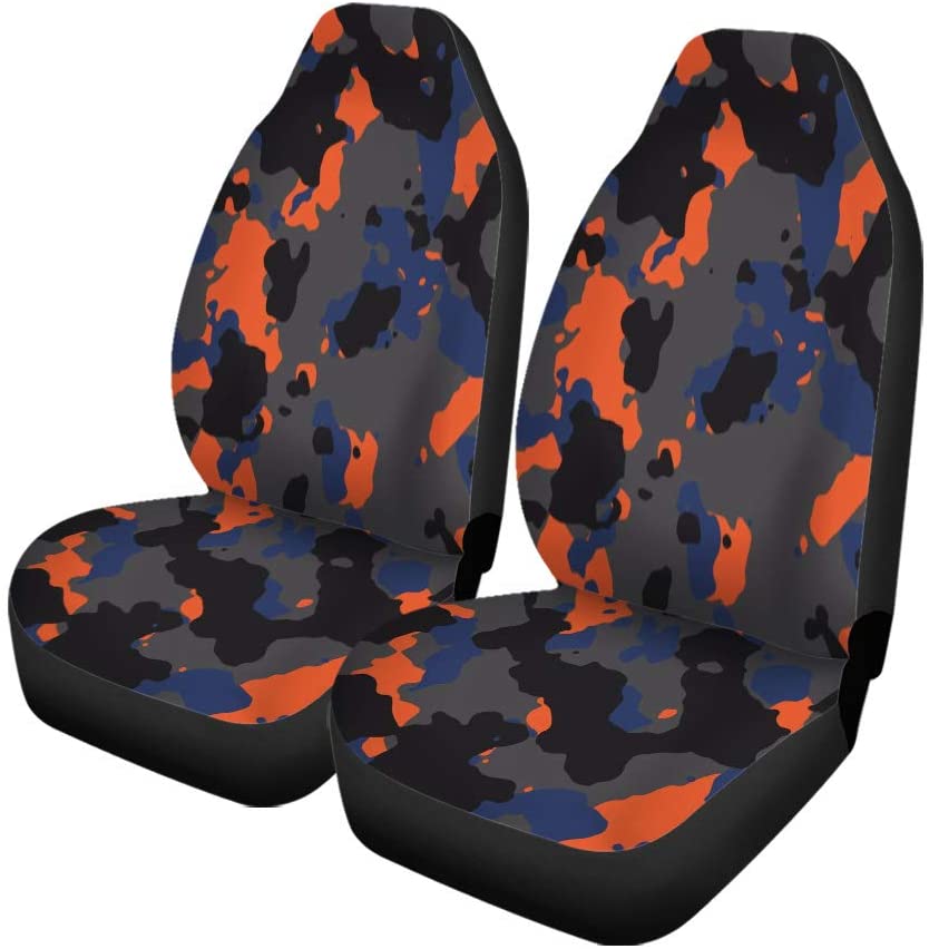 KXMDXA Set of 2 Car Seat Covers Camo Gray Black Blue and Orange Camouflage Pattern Abstract Universal Auto Front Seats Protector Fits for Car，SUV Sedan，Truck