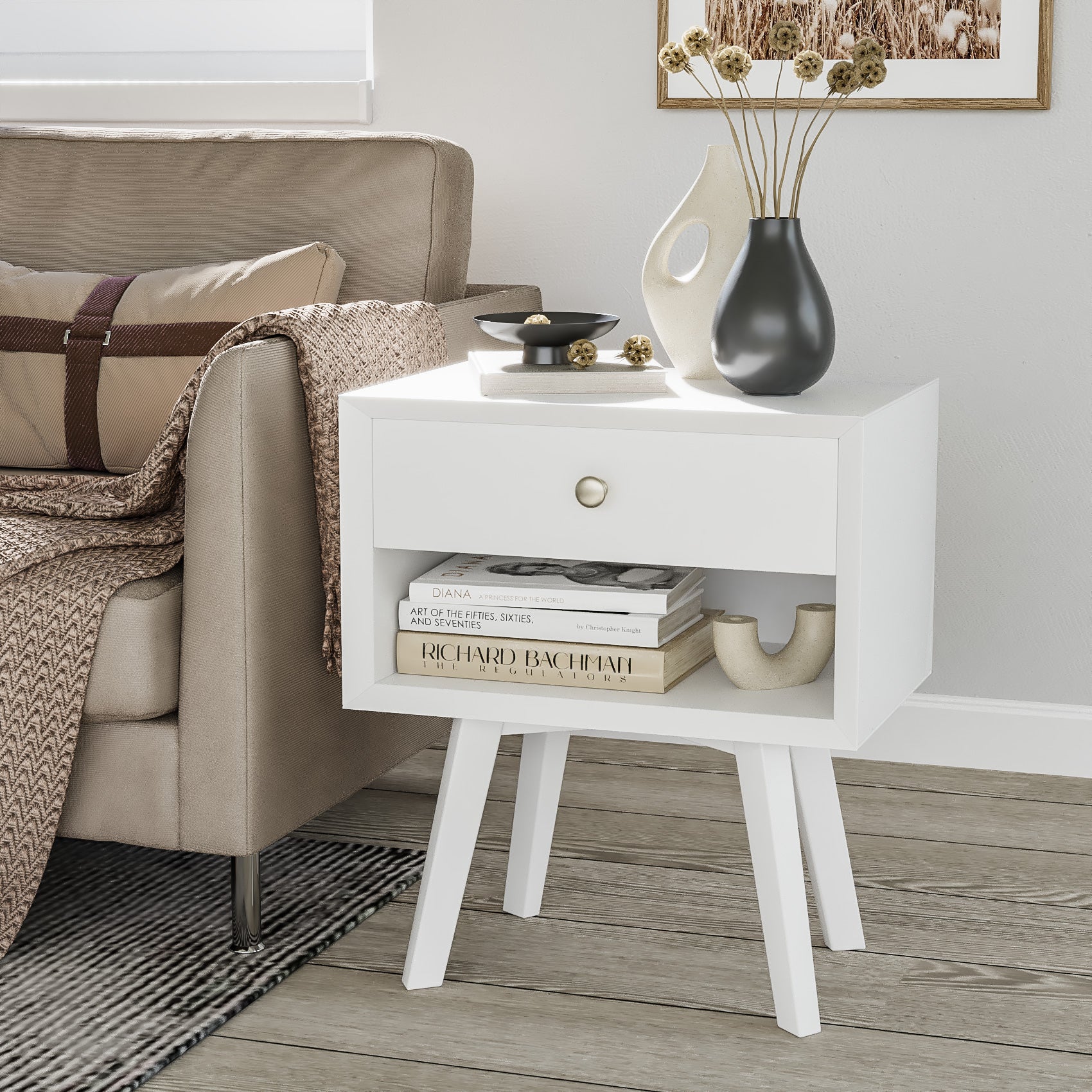 Algherohein Classic 1 Drawer White Finish Nightstands for Bedroom