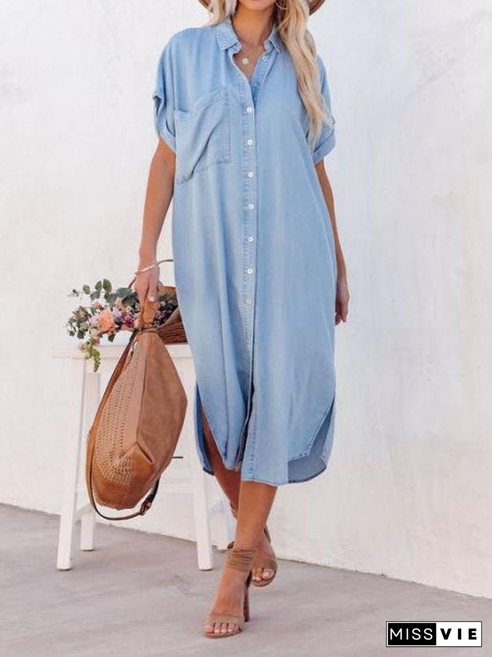 Women'S Dresses Pocket Short Sleeve Denim Slit Shirt Dress