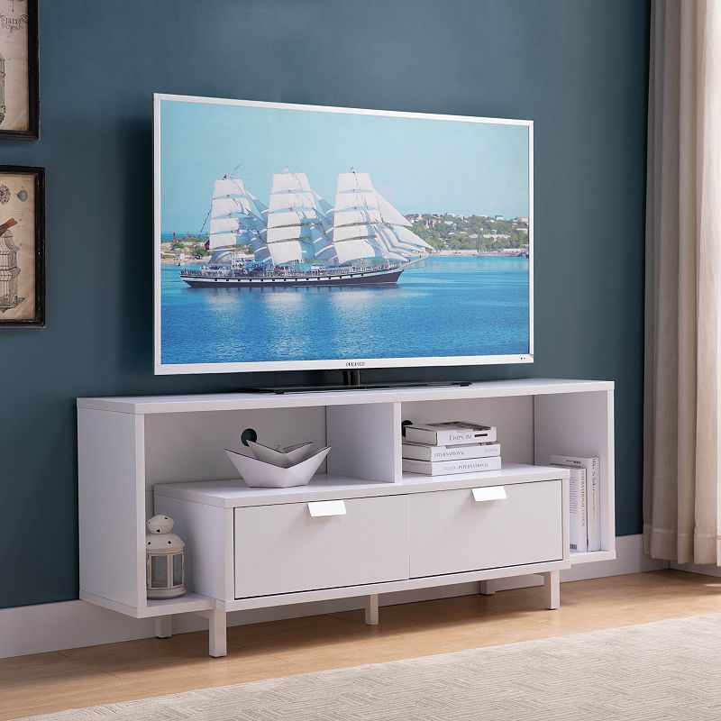 FC Design White TV Stand with 2 Drawers and 2 Shelf Spacing