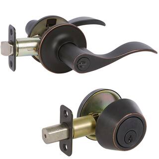 DELANEY HARDWARE 5-Bennett Edged Oil Rubbed Bronze Entry Door Handles and 5-Edged Oil Rubbed Bronze Sgl Cyl Deadbolts All Keyed Alike KIT#BN3007R-PP