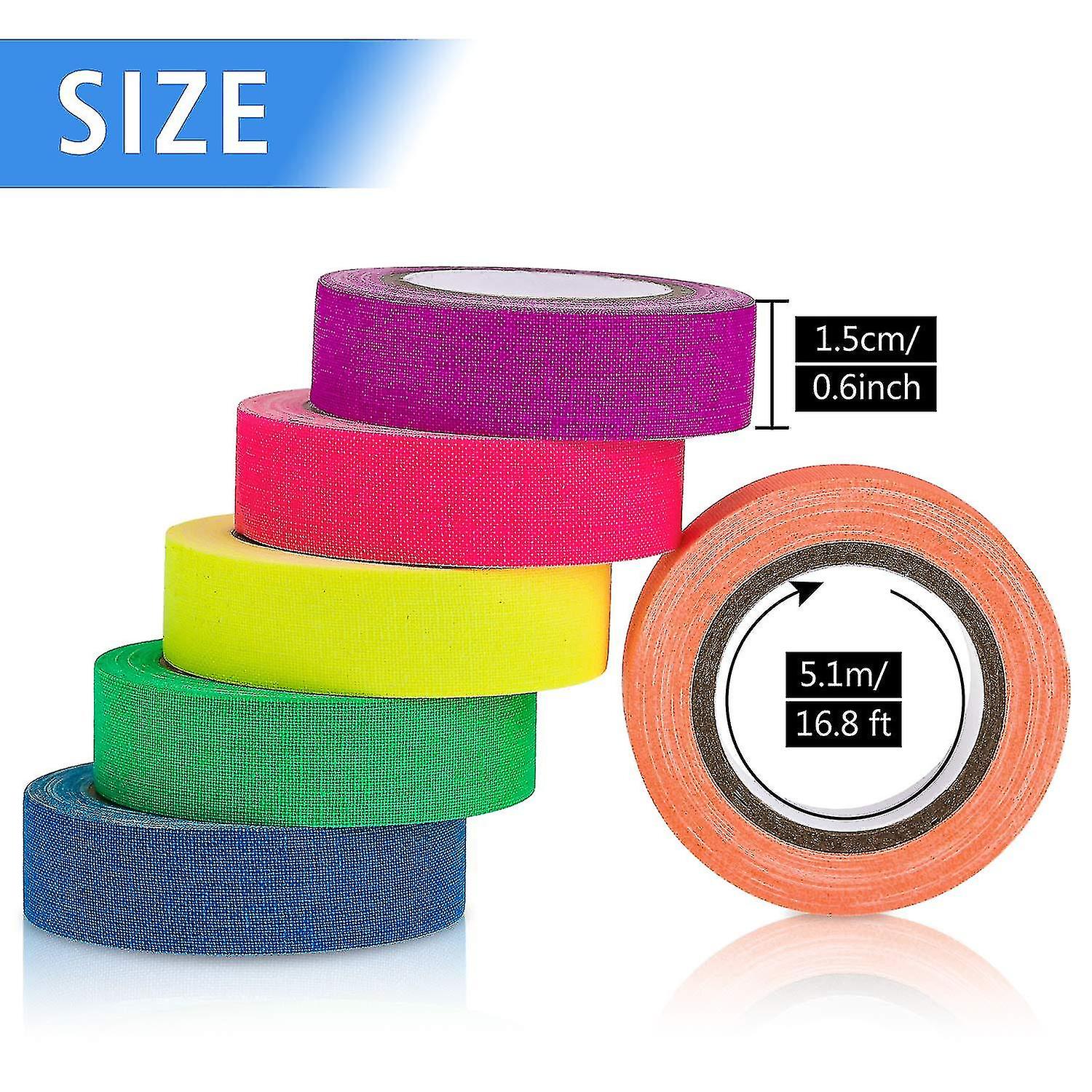 6 Colors Neon Gaffer Cloth Tape， Fluorescent Uv Blacklight Glow In The Dark Tape For Uv Party 15mm*5m