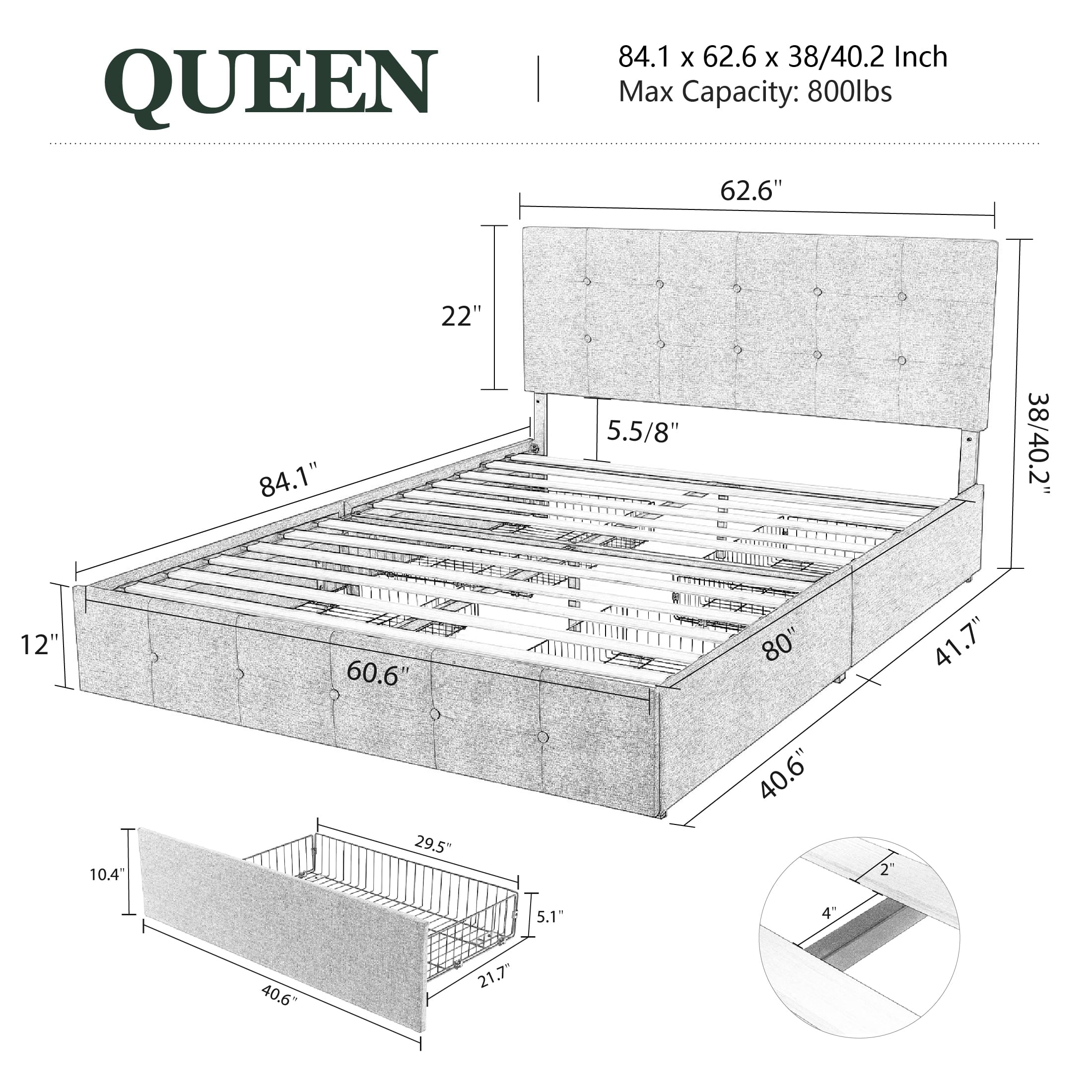 Amolife Queen Size Platform Bed Frame with Headboard and 4 Storage Drawers, Button Tufted Style, Dark Grey, Mattress Not Included