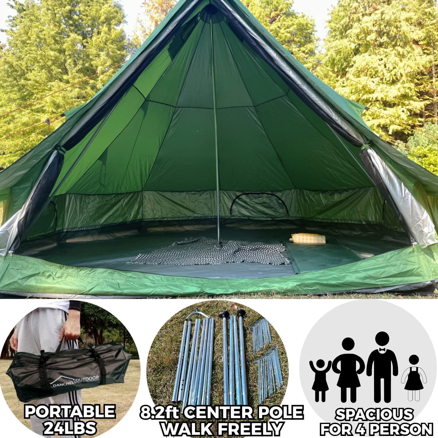 DANCHEL Outdoor B1 Waterproof Bell Tent 4-6 Person Camping, Portable Green Yurt Tent Family Camping Backpacking Travel