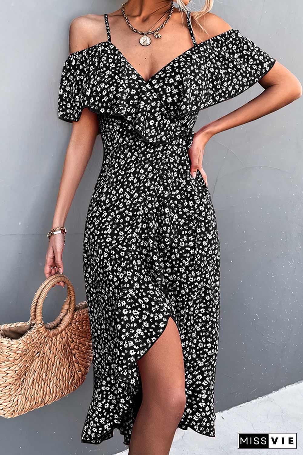 One-shoulder Floral Suspender Dress Wholesale