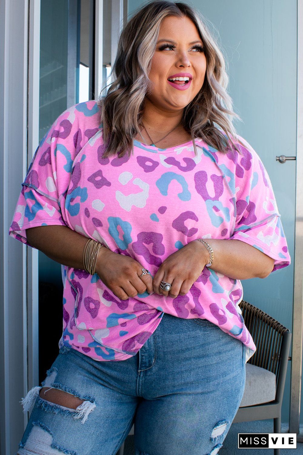 Rose Leopard Kiss Print Plus Size Short Sleeve Tee