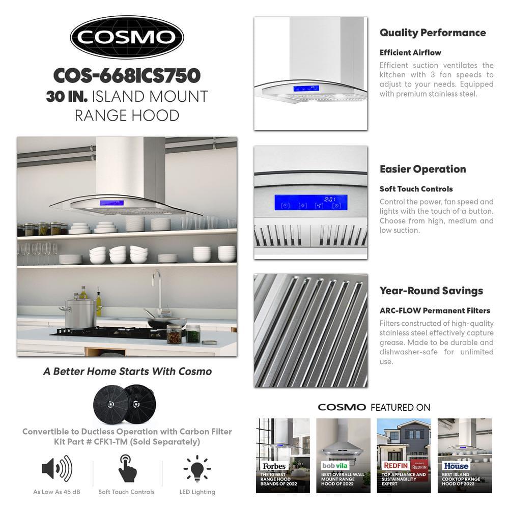 Cosmo 30 in Ductless Island Range Hood in Stainless Steel with LED Lighting and Carbon Filter Kit for Recirculating