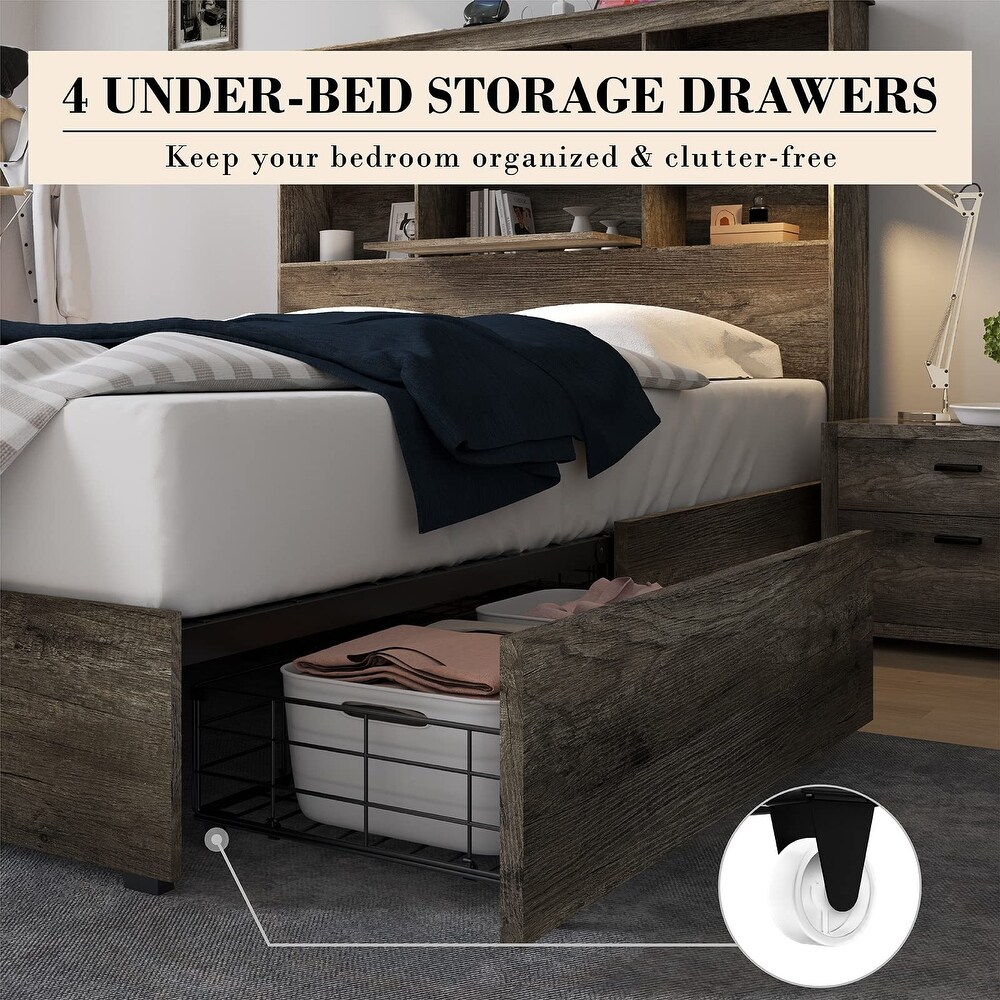 Queen Size Bed Frame Wooden Platform Bed with 51.2'' Storage Bookcase Headboard  4 Storage Drawers   Charging Station